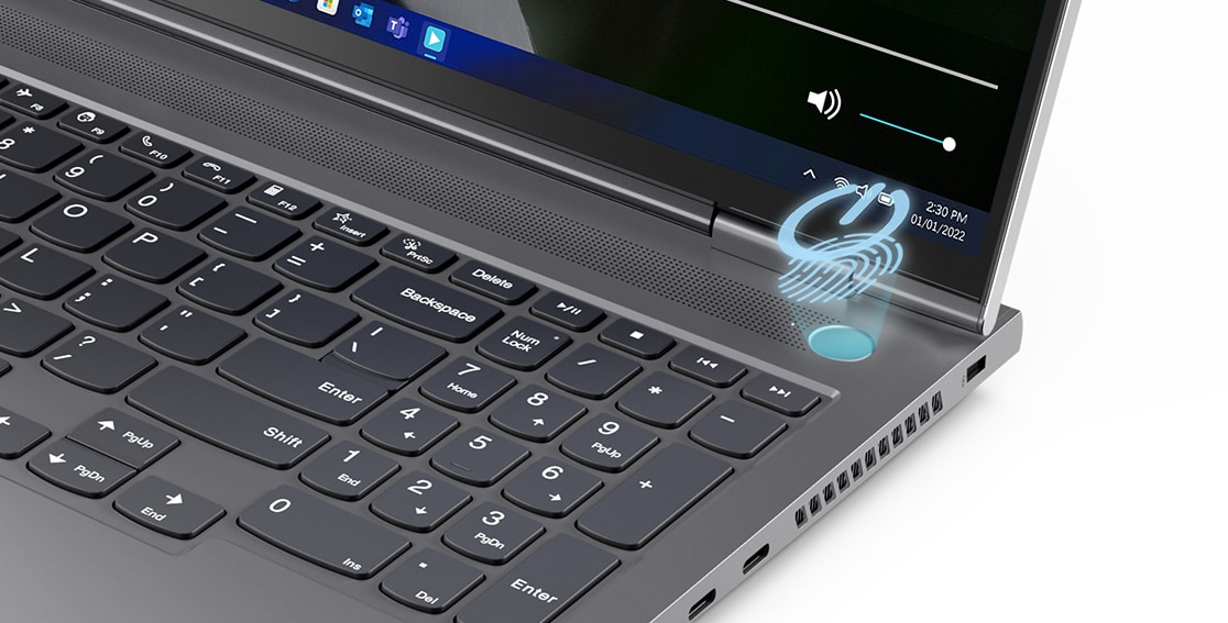 Gros plan sur le lecteur d’empreintes digitales sécurisé en option, Smart Power On, du portable ThinkBook 16p Gen 3 (16'' AMD)