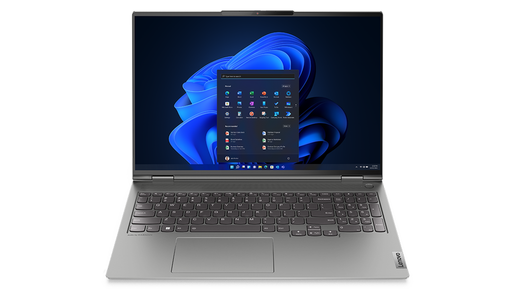 Vue avant du portable ThinkBook 16p Gen 3 (16'' AMD) ouvert à 90 degrés, montrant le clavier et l’écran avec Windows 11