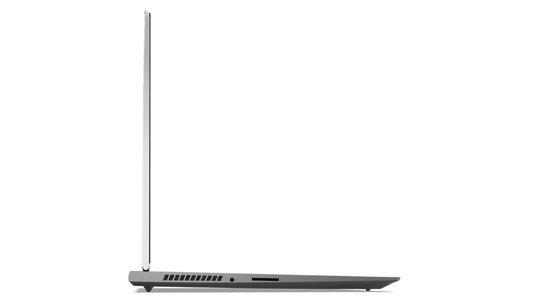 Perfil lateral izquierdo del portátil ThinkBook 16p 3ra Gen (16”, AMD), abierto en un ángulo de 90 grados, con los bordes del teclado y la pantalla, además de los puertos