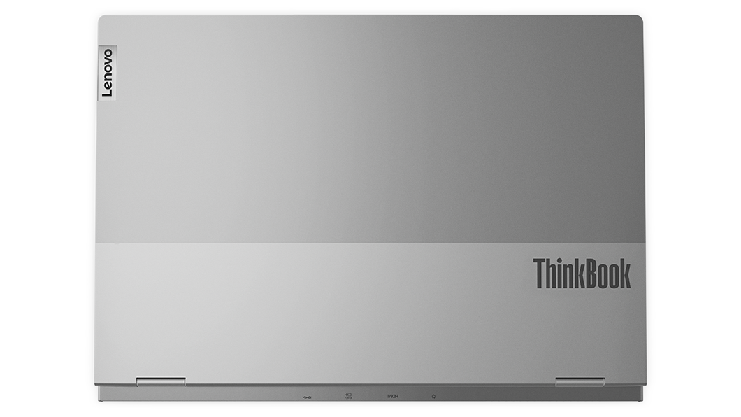 Vue aérienne du portable ThinkBook 16p Gen 3 (16'' AMD) fermé, montrant le capot supérieur avec les logos Lenovo et ThinkBook