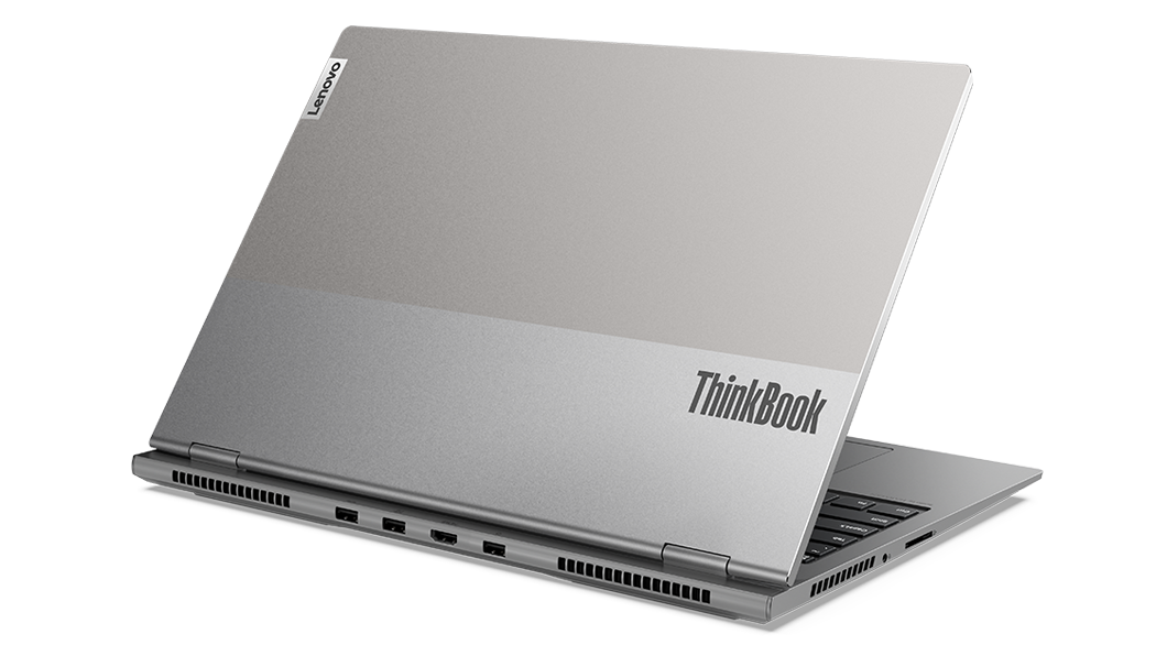 ThinkBook 16p Gen 3 (16'' AMD) Notebook, Ansicht von hinten, um 45 Grad geöffnet, mit Blick auf die hintere Abdeckung, die Lüftungsöffnungen und die Tastaturkante