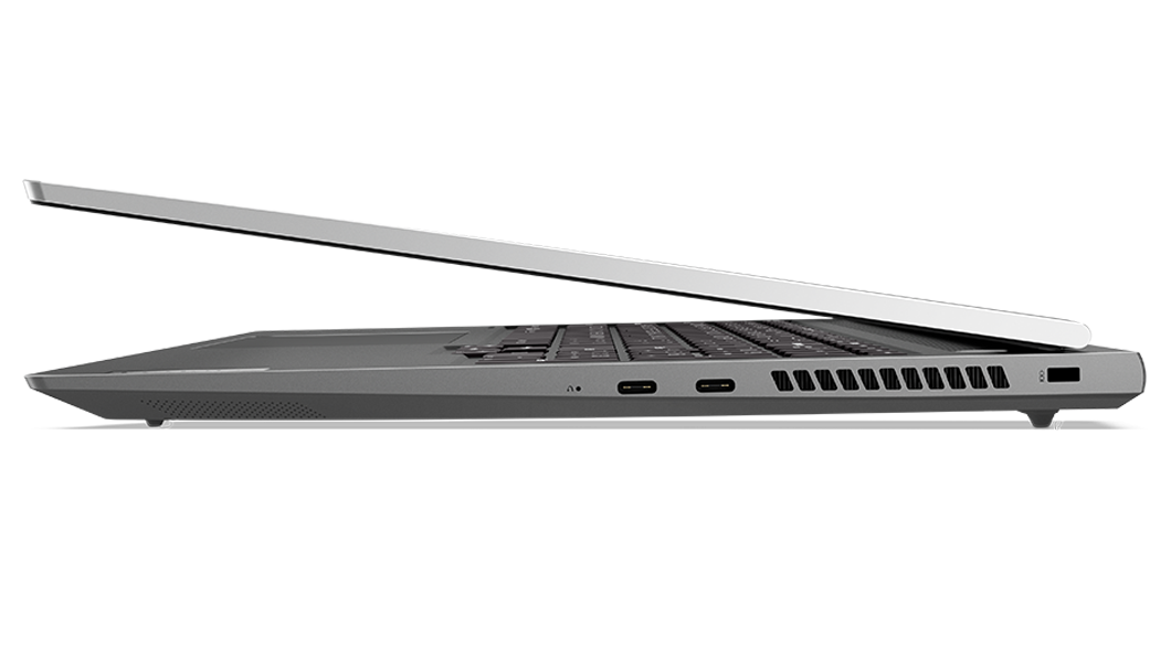 Perfil lateral derecho del portátil ThinkBook 16p 3ra Gen (16”, AMD) ligeramente abierto, con parte del teclado, la cubierta superior y los puertos