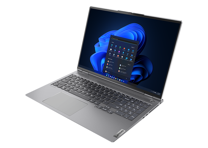 Front facing ThinkBook 16p Gen 3 (16" AMD) laptop, opened 90 degrees at a slight angle, showing keyboard, display with Windows 11, and ports
