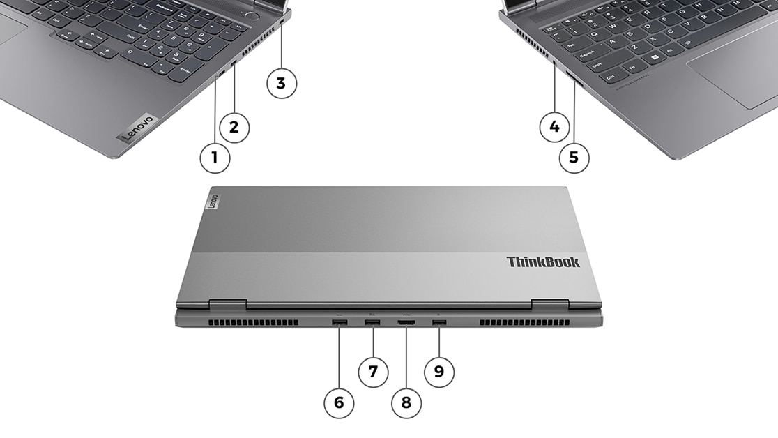 Perfil izquierdo, derecho y trasero de la ThinkBook 16p 3ra Gen (16”, AMD)