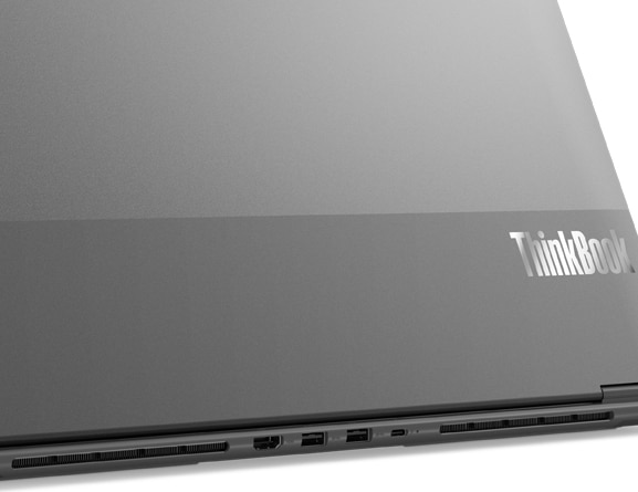 Close up of Lenovo ThinkBook Plus Gen 3, focusing on the ThinkBook logo and Storm Grey casing
