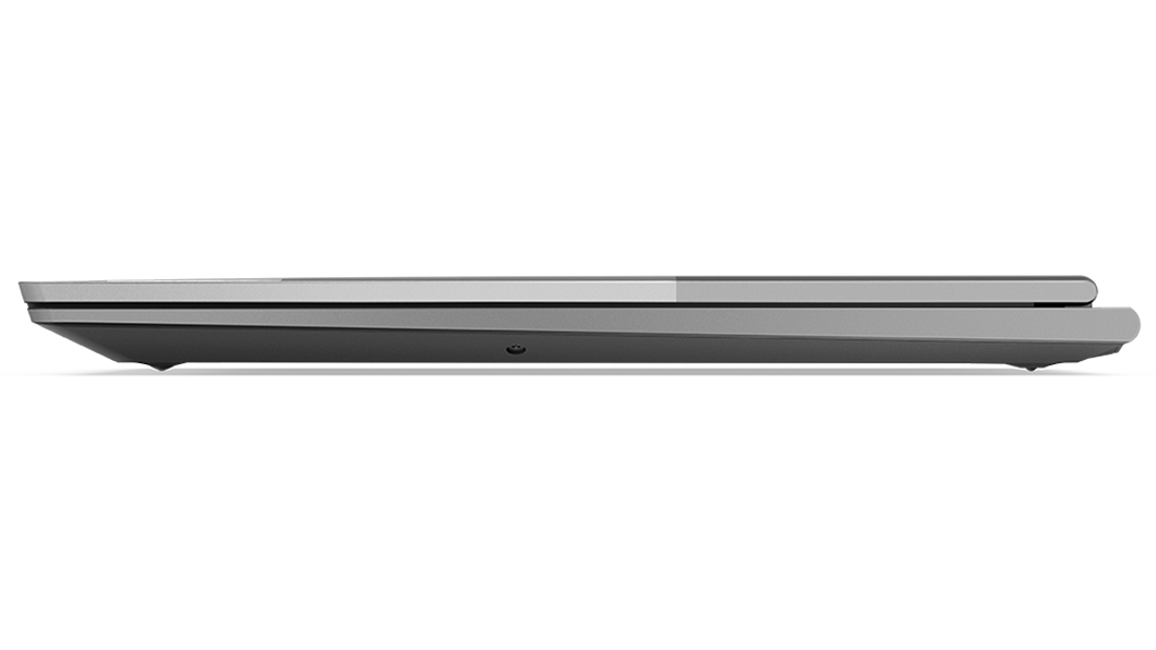 Vista laterale di Lenovo ThinkBook Plus di terza generazione, chiuso, con un elegante telaio Storm Grey