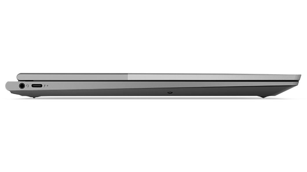Vista laterale di Lenovo ThinkBook Plus di terza generazione, chiuso, con porte USB-C Thunderbolt™ 4 e cuffie/microfono