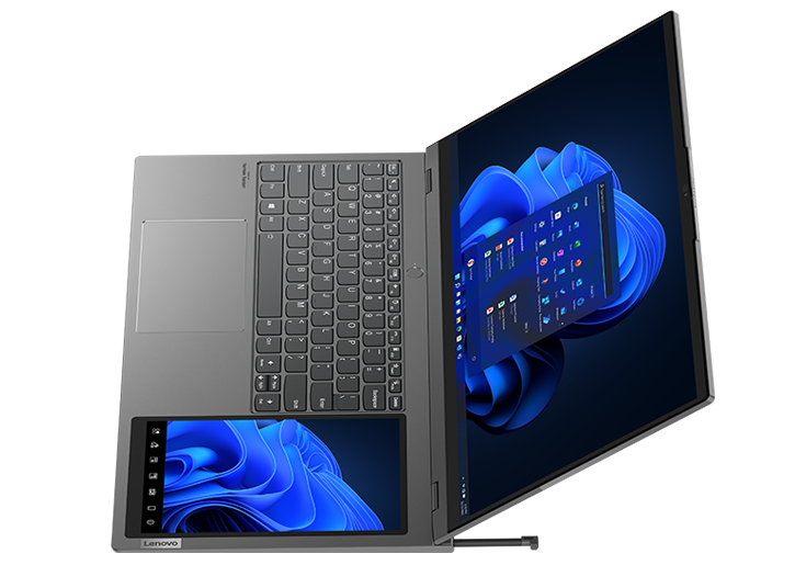 Lenovo ThinkBook Plus Gen 3 with 17.3" main display showing blue swirling shapes and Windows 11