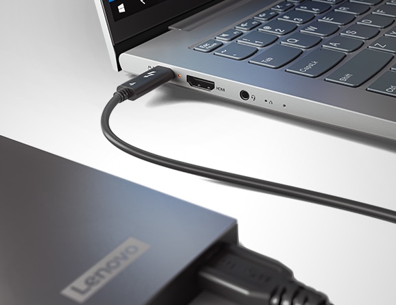 Close up of Thunderbolt 4 port on the Lenovo ThinkBook 14s Gen 2 laptop.