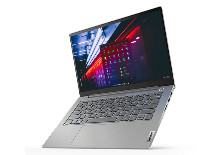 A Lenovo ThinkBook 15 laptop, open 110 degrees and positioned as if floating in air, revealing the keyboard and vibrant 15.6