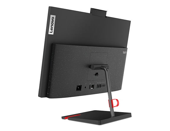 Rear facing ThinkCentre Neo 50a all-in-one PC, angled to the right, showing back of display, stand, and holders for cables and phone