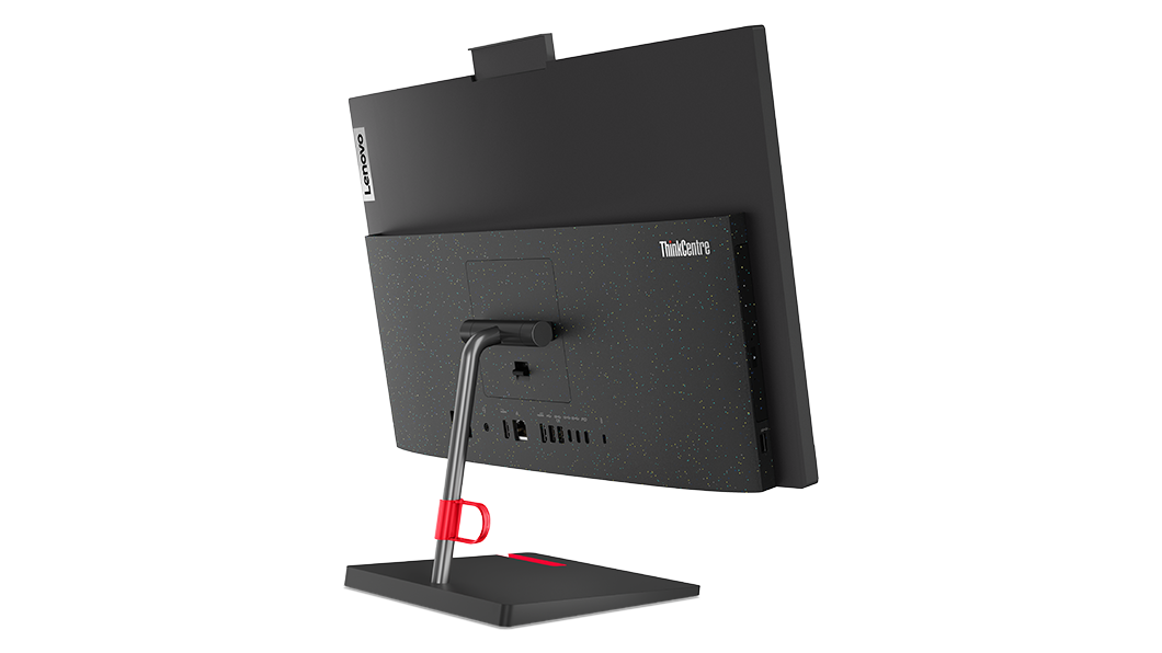 Rear facing ThinkCentre Neo 50a all-in-one PC, angled to the right, showing back of display, stand, and cable holder