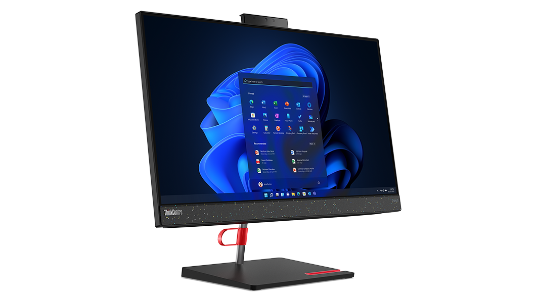 Forward facing ThinkCentre Neo 50a all-in-one PC, angled to the right, showing display with Windows 11, stand, and holders for cables and phone