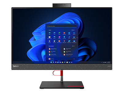 Forward facing ThinkCentre Neo 50a all-in-one PC, showing display with Windows 11 and stand with holders for cables and phone