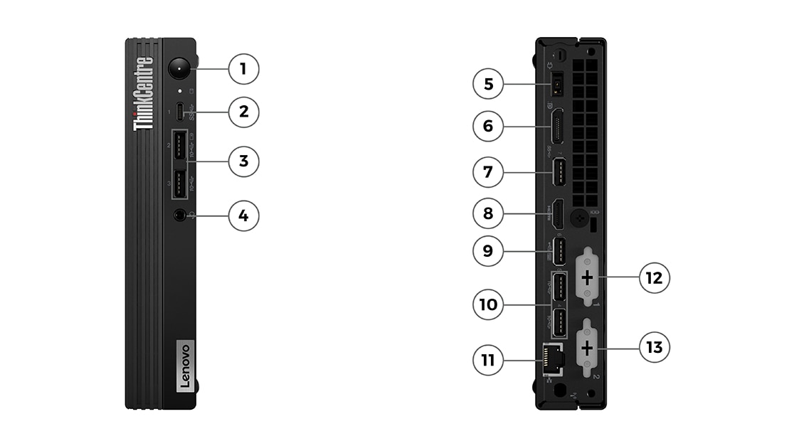 Вигляд спереду ПК Lenovo ThinkCentre M70q Gen 3 Tiny (Intel), показано порти на передній панелі; Вигляд ззаду ПК Lenovo ThinkCentre M70q Gen 3 Tiny (Intel), показано порти на задній панелі