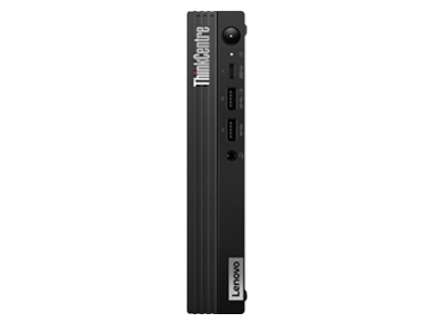 Front-facing Lenovo ThinkCentre M70q Gen 3 Tiny (Intel), standing vertically, showing ThinkCentre logo and front ports