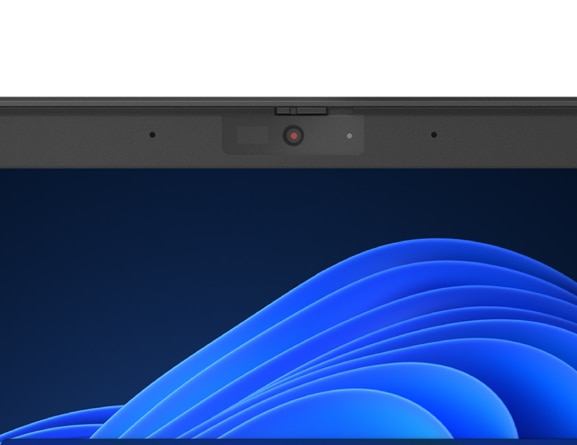 Primo piano dello schermo e della webcam ibrida Full HD e a infrarossi del notebook Lenovo ThinkPad E14 di quarta generazione (14'' AMD)