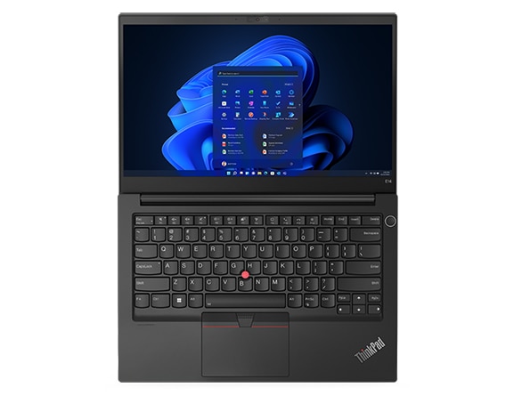 Vista dall'alto del notebook Lenovo ThinkPad E14 di quarta generazione (14'' AMD) completamente aperto a 180°, con schermo e tastiera in evidenza