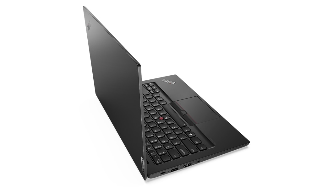 Right side view of Lenovo ThinkPad E14 Gen 4 (14” AMD) laptop, opened 90 degrees, showing keyboard and ports