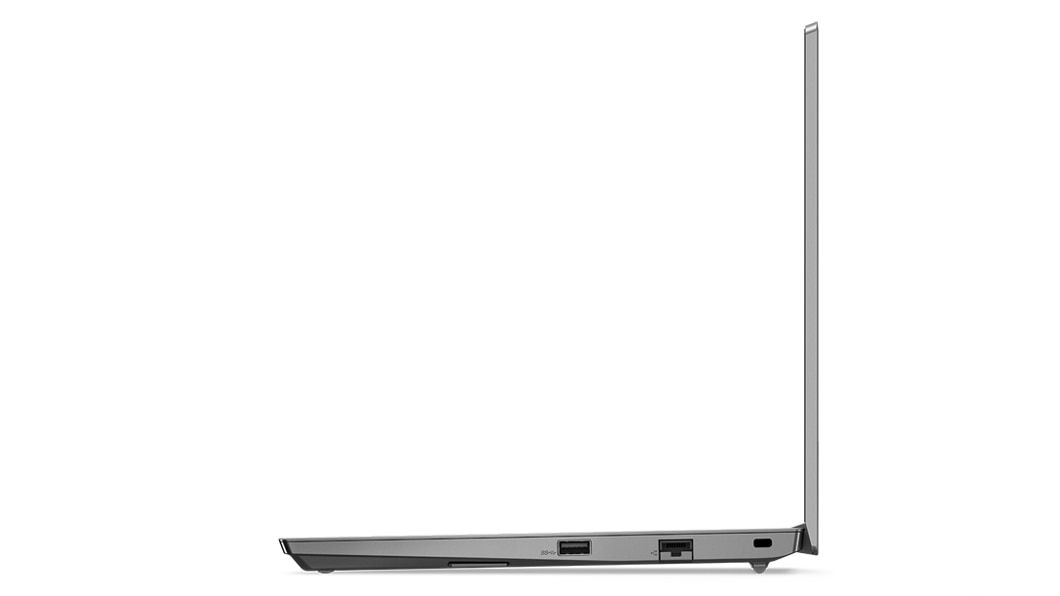 Vista laterale destra del notebook Lenovo ThinkPad E14 di quarta generazione (14'' AMD) aperto a 90°, con bordi di schermo e tastiera e porte in evidenza