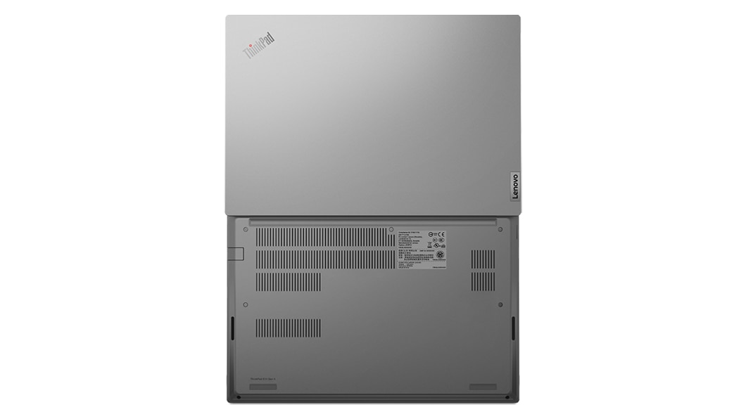 Lenovo ThinkPad E14 Gen 4 (14 tuumaa, AMD) ‑kannettava ylhäältä kuvattuna, 180 astetta avattuna, vaaka-asennossa, ylä- ja takakannet näkyvissä