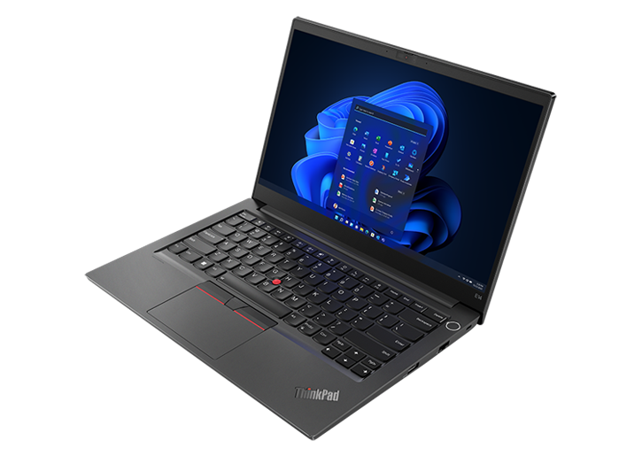 Right side view of Lenovo ThinkPad E14 Gen 4 (14” AMD) laptop, opened, showing display and keyboard