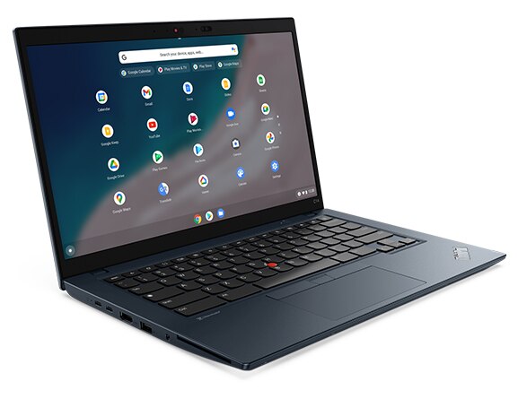 Left side view of ThinkPad C14 Chromebook Enterprise, opened 90 degrees in L-shape, showing display, keyboard, and ports