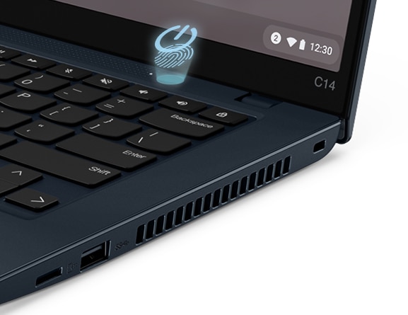 Close up of the optional power-on touch fingerprint reader on the ThinkPad C14 Chromebook Enterprise