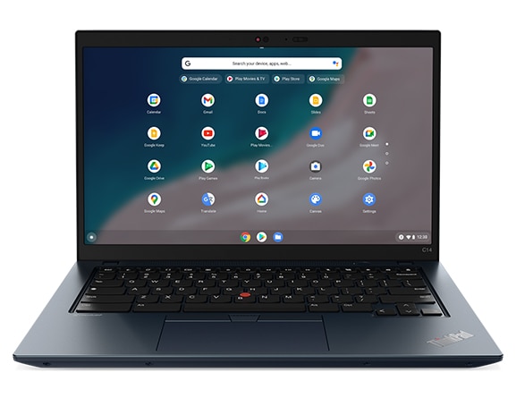 Front facing view of ThinkPad C14 Chromebook Enterprise, opened 90 degrees flat, showing display and keyboard