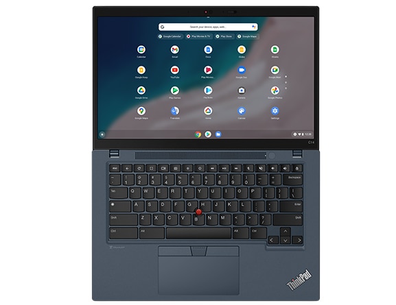 Aerial view of ThinkPad C14 Chromebook Enterprise, opened 180 degrees flat, showing display and keyboard