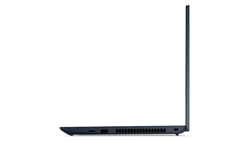 Vue du côté droit du ThinkPad C14 Chromebook Enterprise ouvert à 90 degrés et formant un L inversé, montrant le bord de l’écran et du clavier, ainsi que les ports