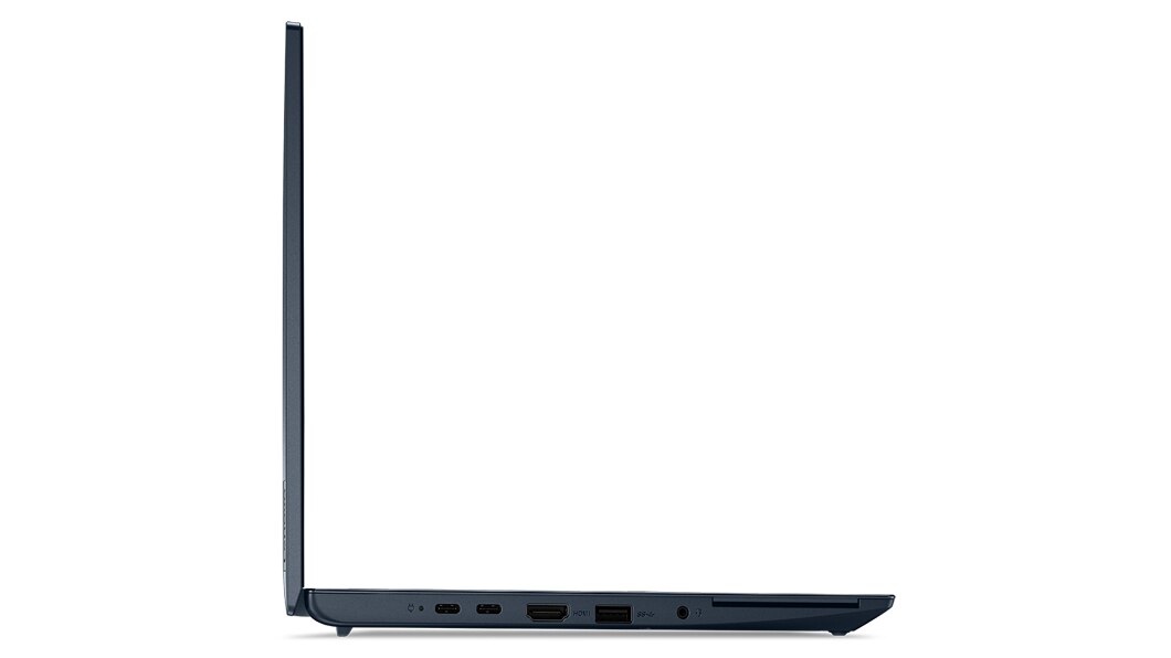 Vue du côté gauche du ThinkPad C14 Chromebook Enterprise ouvert à 90 degrés et formant un L, montrant le bord de l’écran et du clavier, ainsi que les ports