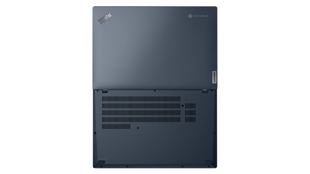 Bovenaanzicht van ThinkPad C14 Chromebook Enterprise, 180 graden plat opengeklapt, met bovenklep en achterklep