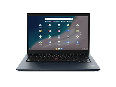 Front facing ThinkPad C14 Chromebook Enterprise, opened 90 degrees, showing display and keyboard