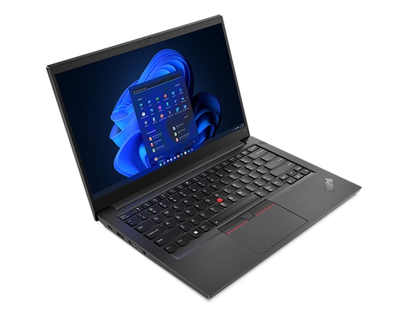 Bærbar jobb-PC med ThinkPad E14 Gen 4 sett ovenfra og forfra, åpnet 90 grader i en liten vinkel, viser tastatur, porter og skjerm med Windows 11