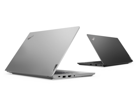 Ansicht zweier ThinkPad E14 Gen 4 Business-Notebooks von schräg hinten, um 45 Grad in V-Form geöffnet, mit Blick auf die Gehäusedeckel und Teile der Tastaturen