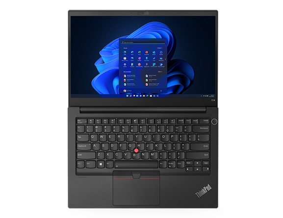 Bærbar jobb-PC med ThinkPad E14 Gen 4 sett ovenfra, åpnet 180 grader, liggende flatt, viser tastatur og skjerm med Windows 11