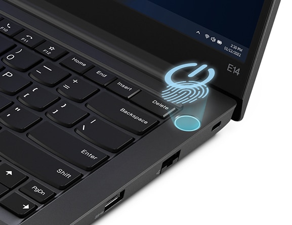 Primer plano del lector de huellas dactilares opcional del portátil empresarial ThinkPad E14 de 4.ª generación integrado en el botón de encendido