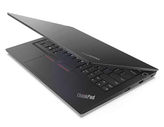 Vue de dessus du portable professionnel Lenovo ThinkPad E14 Gen 4 légèrement ouvert, montrant le capot supérieur et une partie du clavier