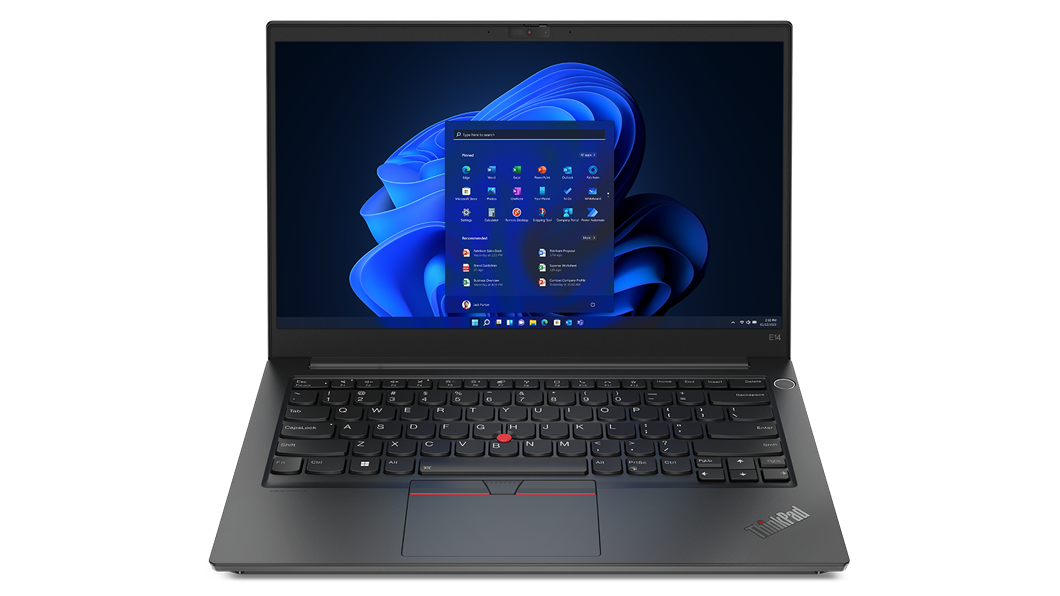 Naar voren gerichte ThinkPad E14 Gen 4 zakelijke laptop, 90 graden geopend, toont toetsenbord en scherm met Windows 11