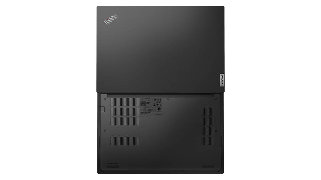 Aerial view of ThinkPad E14 Gen 4 business laptop, opened 180 degrees, flat, showing top and rear covers