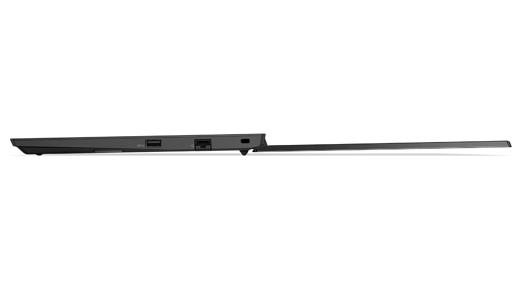 Portátil empresarial ThinkPad E14 (4.ª geração): aberto a 180 graus, em posição plana, perfil do lado direito a mostrar as portas, a margem estreita do ecrã e teclado