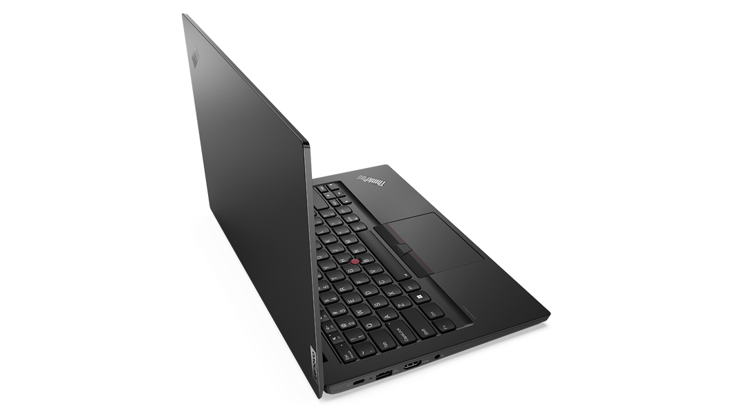 Vista posterior del portátil empresarial ThinkPad E14 4ta Gen (14”, Intel), abierto en un ángulo de 90 grados, con la cubierta superior y parte del teclado visibles