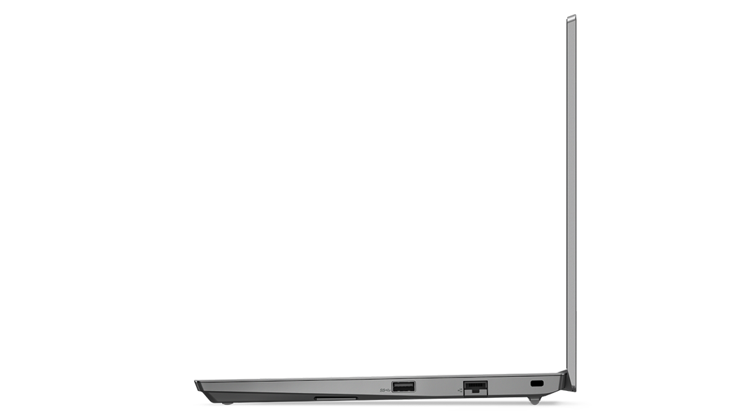 Right side profile of ThinkPad E14 Gen 4 business laptop, opened 90 degrees, showing ports and thin edge of display and keyboard