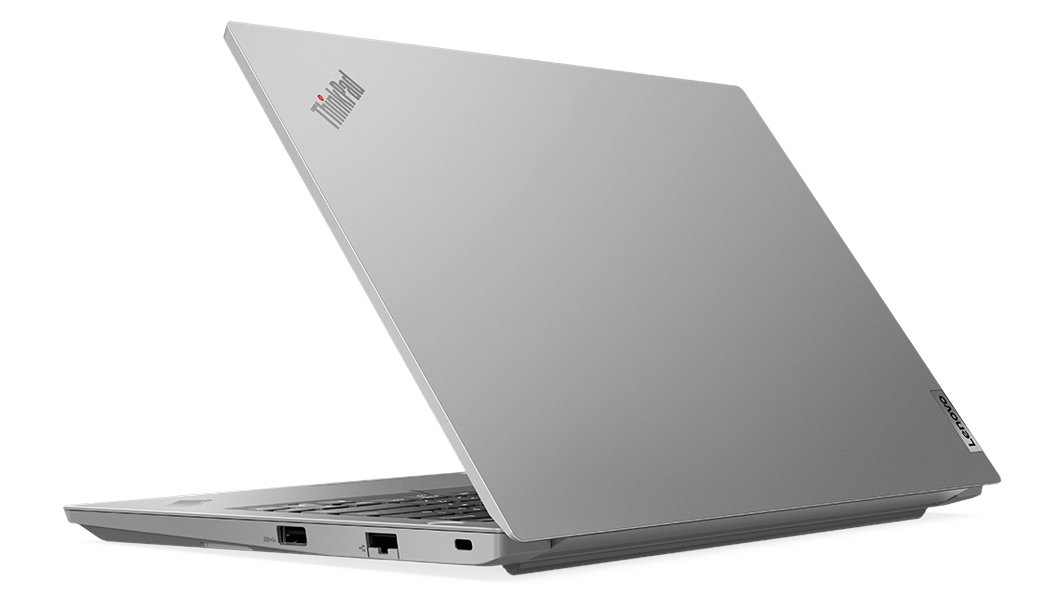 Professionel bærbar ThinkPad E14 Gen 4-computer set bagfra drejet mod venstre, åbnet 45 grader i en V-vinkel med fokus på topdæksel og del af tastaturet