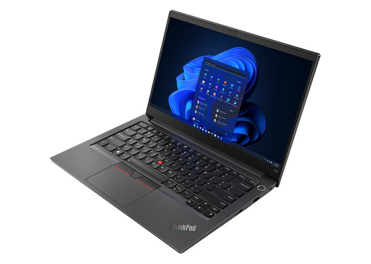 Front facing ThinkPad E14 Gen 4 business laptop, angles slightly to the right, opened 90 degrees, showing keyboard, ports and display with Windows 11