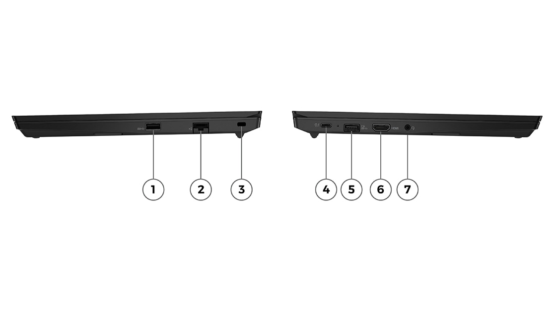 Vues de profil, gauche et droit, de deux portables professionnels ThinkPad E14 Gen 4, fermés, montrant les ports