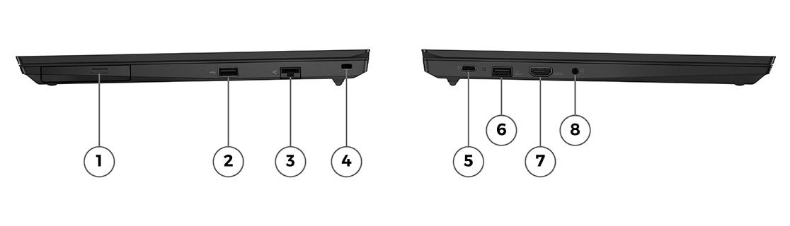 Lenovo ThinkPad E15 Gen 4 (15 tuumaa, AMD) ‑kannettava vasemmalta kuvattuna, liitännät ja korttipaikat näkyvissä, Lenovo ThinkPad E15 Gen 4 (15 tuumaa, AMD) ‑kannettava oikealta kuvattuna, liitännät ja korttipaikat näkyvissä.