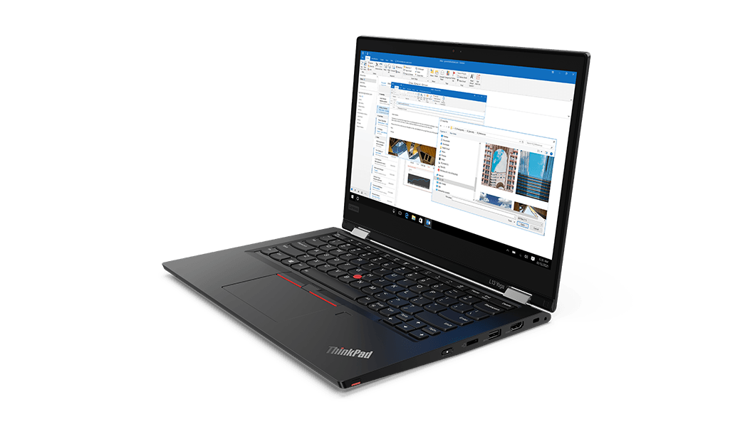 Rechtsvooraanzicht van de ThinkPad L13 Yoga Gen 2 (13'' AMD), met touchpad, toetsenbord en scherm waarop Microsoft Outlook is geopend