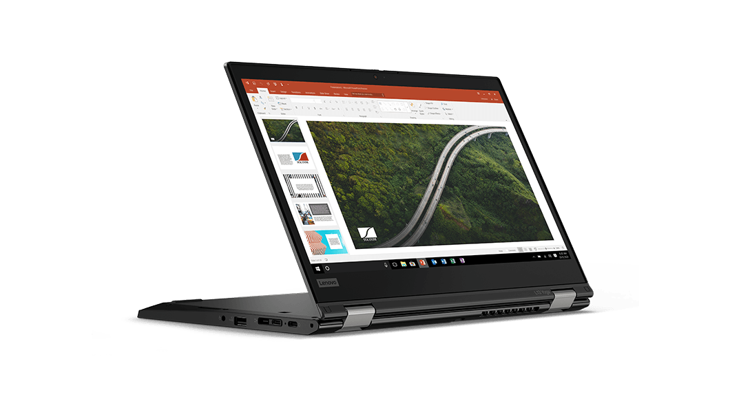 The ThinkPad L13 Yoga Gen 2 (13'' AMD) angled 280 degrees to present a PowerPoint slide showing a highway traversing forested territory
